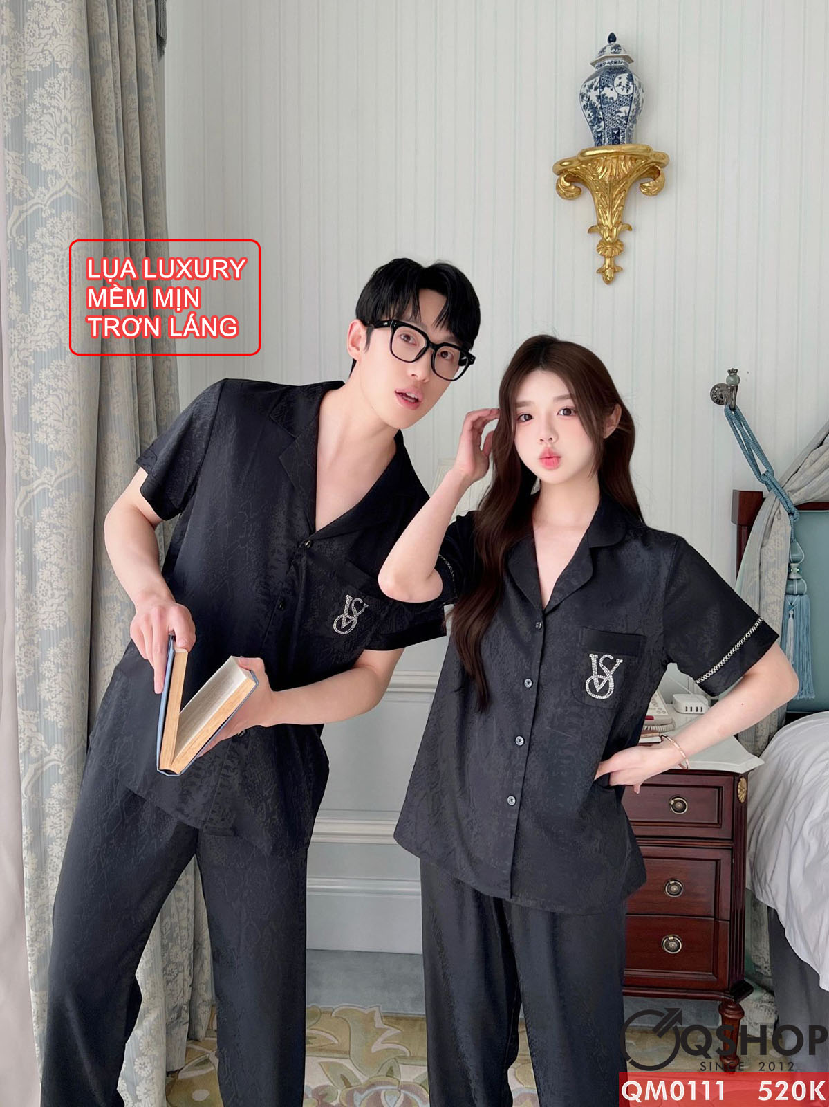 QM0111 - Bộ đồ ngủ pijama cặp đôi lụa mềm mịn tay ngắn quần dài