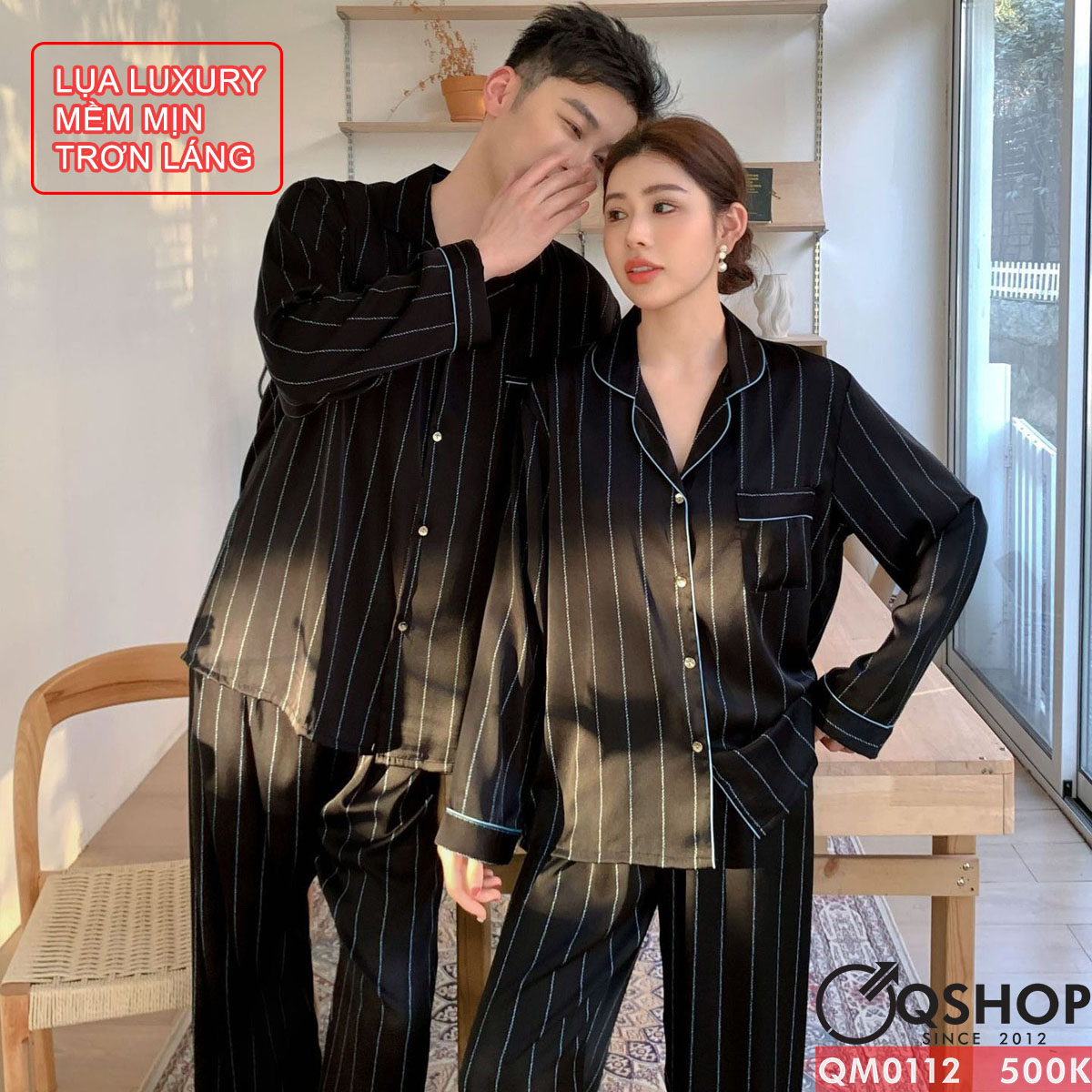 QM0112 - Bộ đồ ngủ pijama cặp đôi lụa mềm mịn tay dài