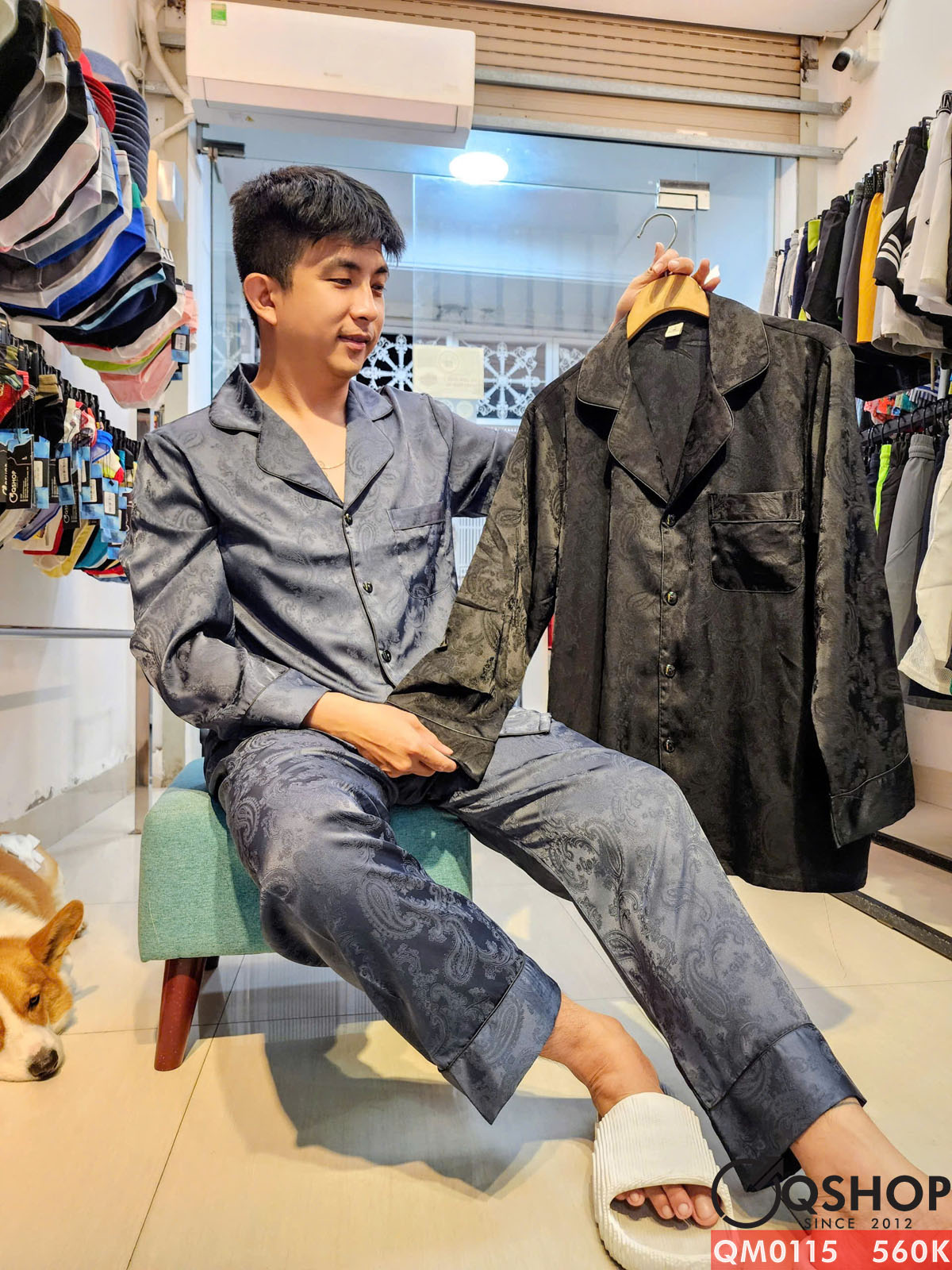 QM0115 - Bộ đồ ngủ pijama nam lụa mềm mịn tay dài