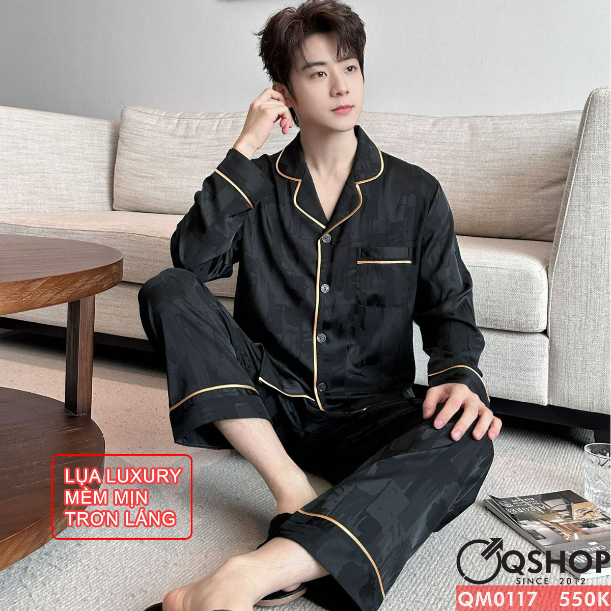 QM0117 - Bộ đồ ngủ pijama nam lụa mềm mịn tay dài