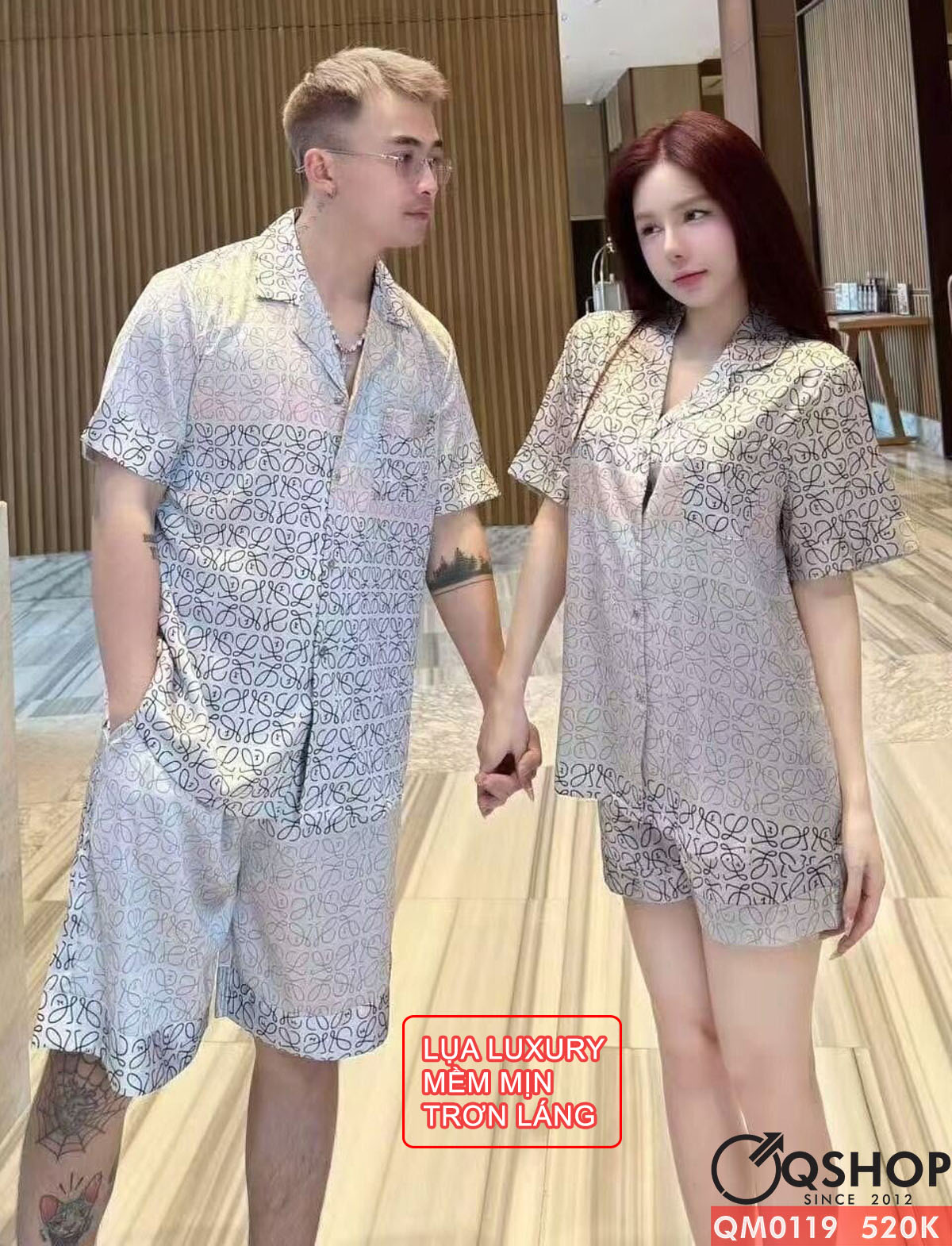 QM0119 - Bộ đồ ngủ pijama cặp đôi quần ngắn có túi lụa mềm mịn