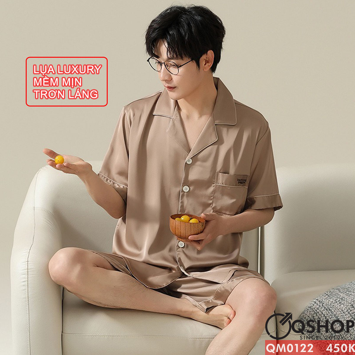 QM0122 - Bộ đồ ngủ pijama nam lụa tay ngắn quần ngắn