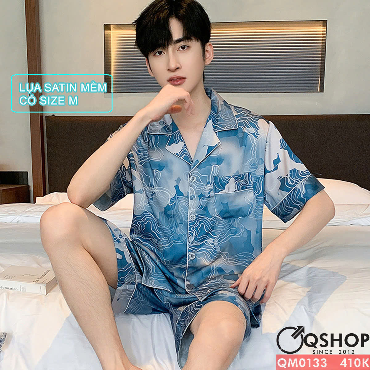 QM0133 - Bộ đồ ngủ pijama nam quần ngắn lụa satin mềm