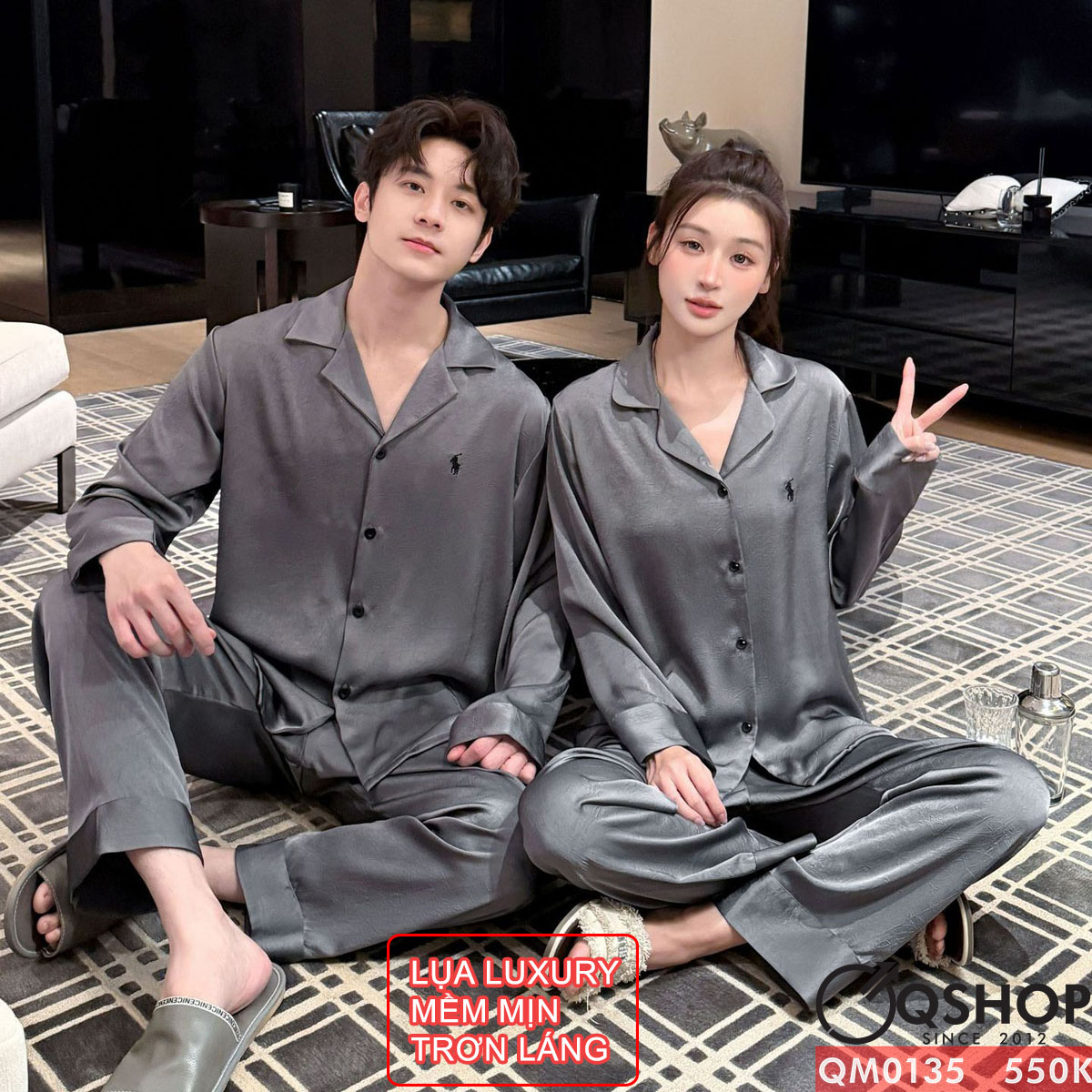 QM0135 - Bộ đồ ngủ pijama cặp đôi lụa mềm mịn tay dài