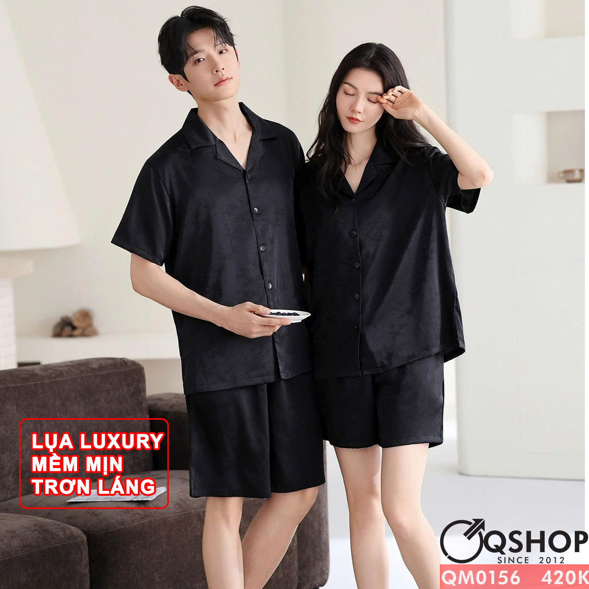 QM0156 - Bộ đồ ngủ pijama cặp đôi quần ngắn lụa mềm mát