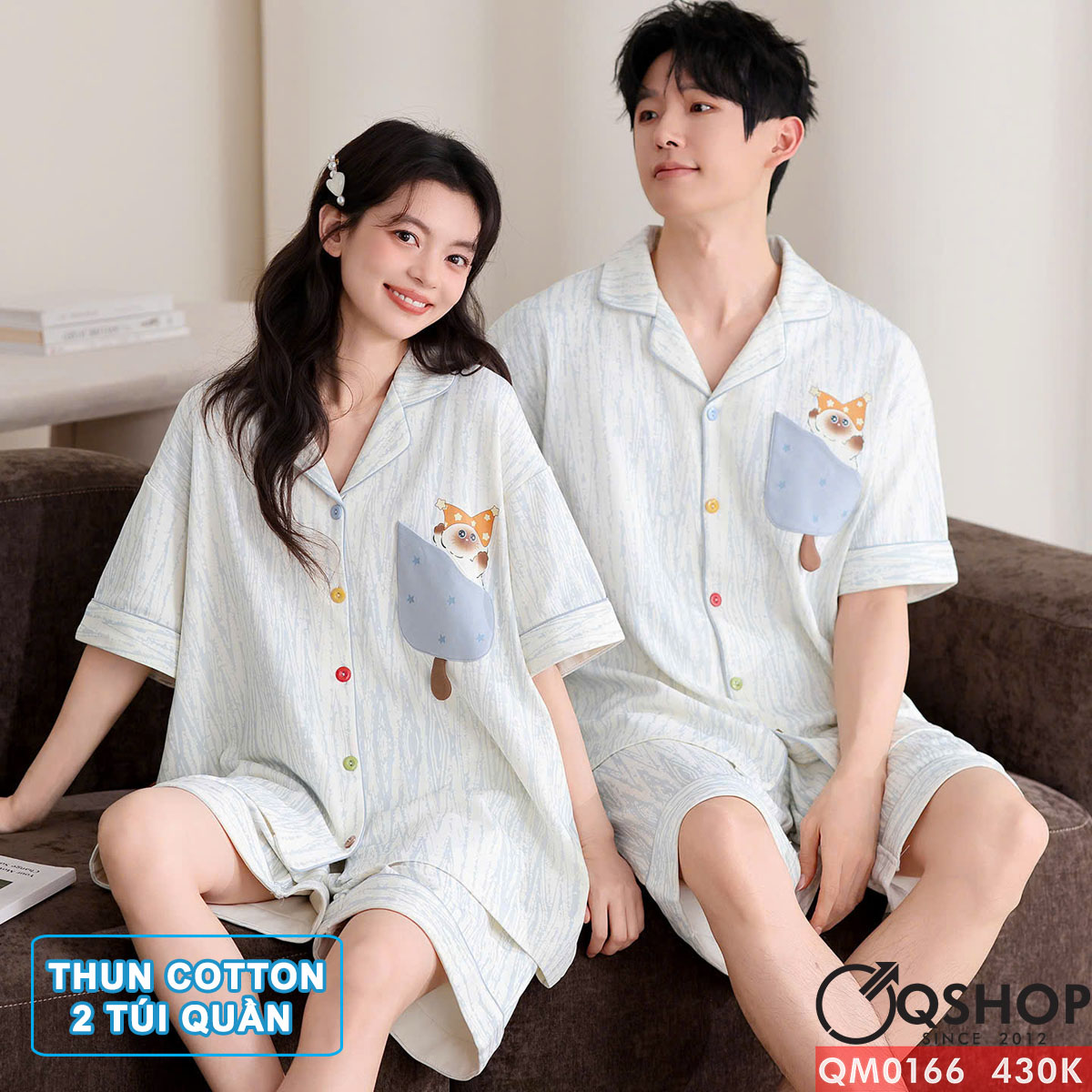 QM0166 - Bộ đồ ngủ pijama cặp đôi thun cotton quần ngắn 2 túi