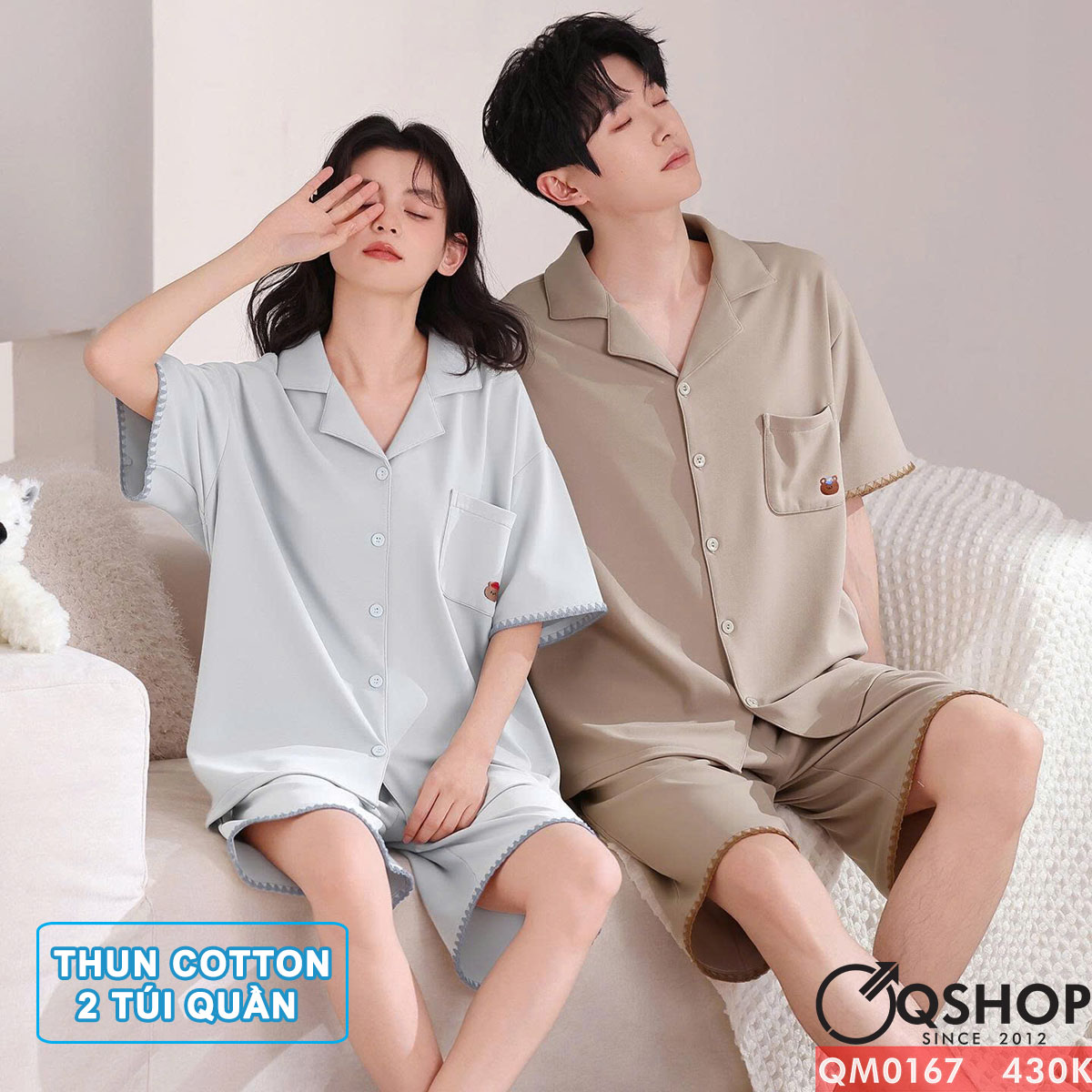 QM0167 - Bộ đồ ngủ pijama cặp đôi thun cotton quần ngắn 2 túi