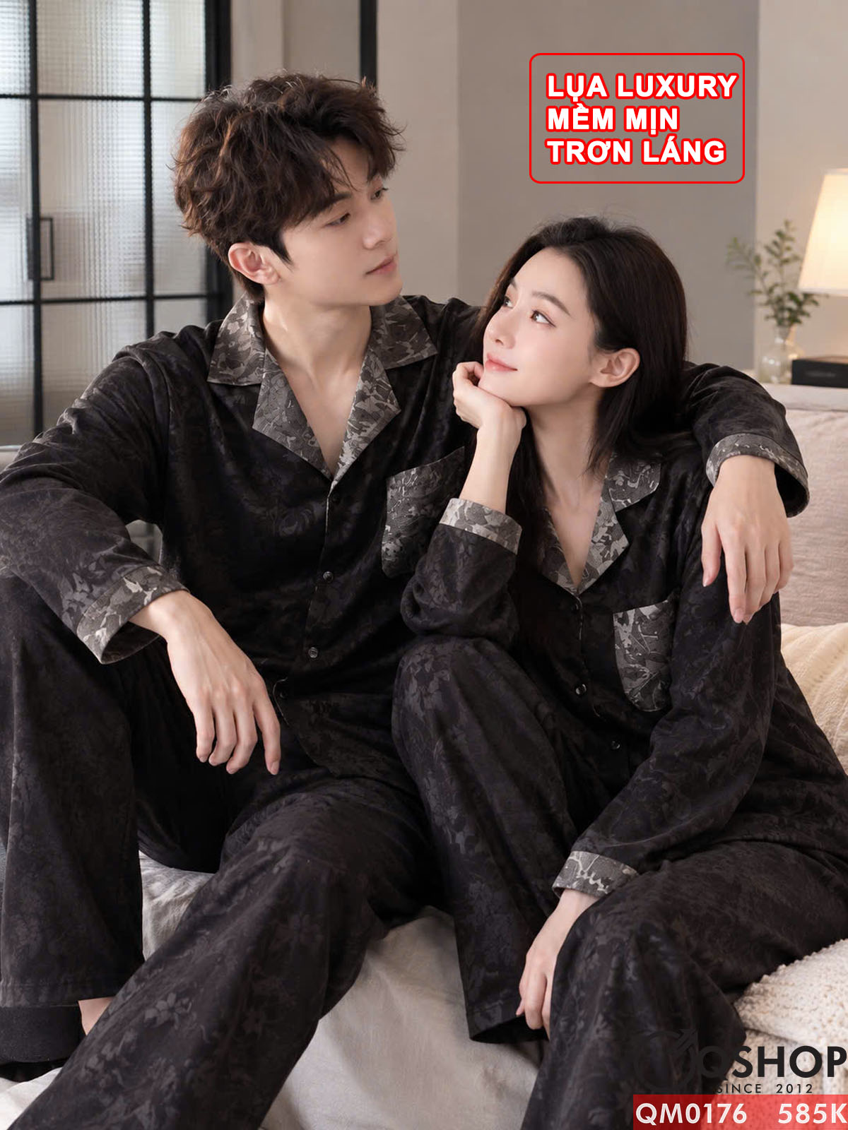 QM0176 - Bộ đồ ngủ pijama cặp đôi lụa mềm mịn tay dài