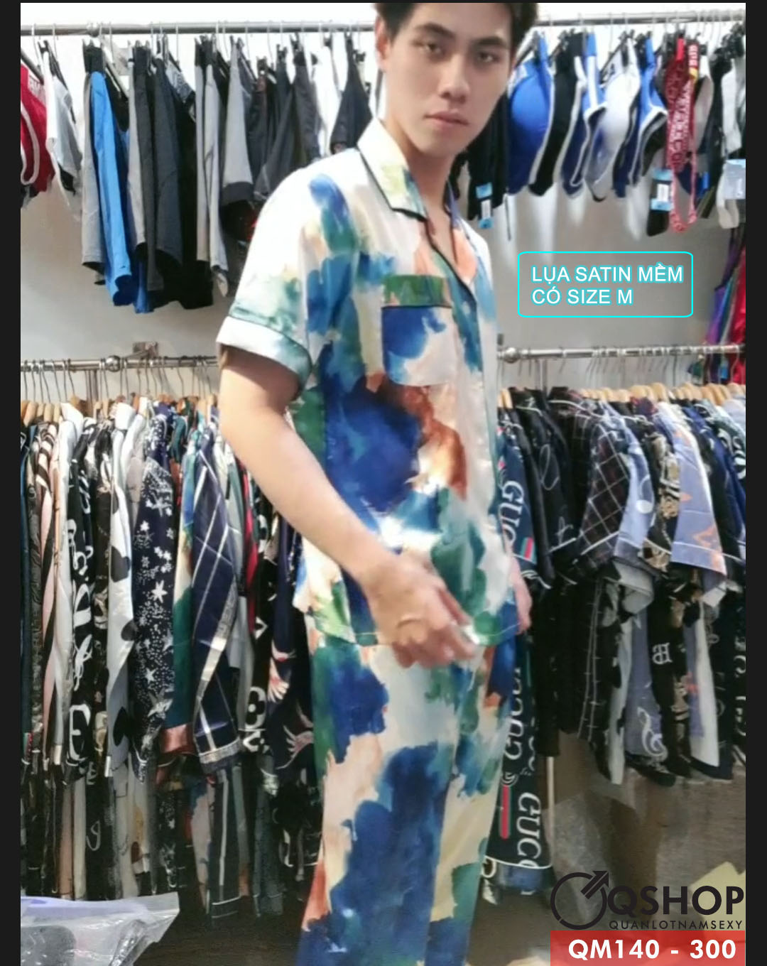 [Sale tại web 50%] Bộ đồ pijama nam tay ngắn quần dài lụa satin mềm QM140