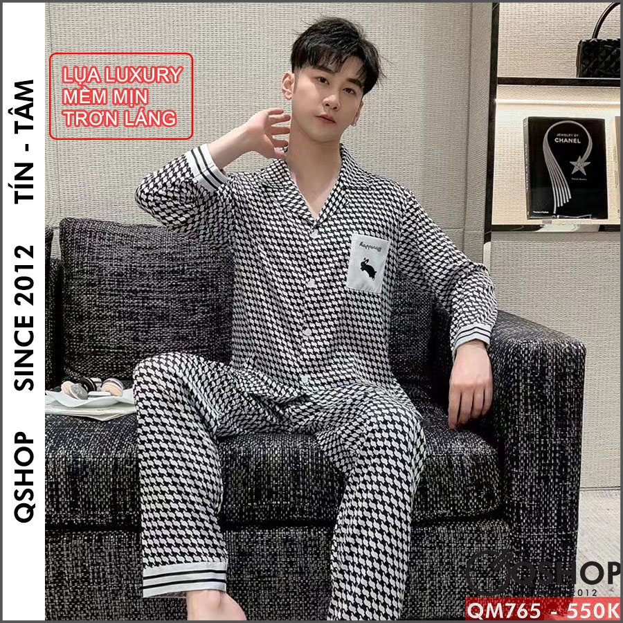[Sale tại web 30%] Bộ pijama nam tay dài lụa luxury cao cấp mặc nhà mặc ngủ thoải mái QM765