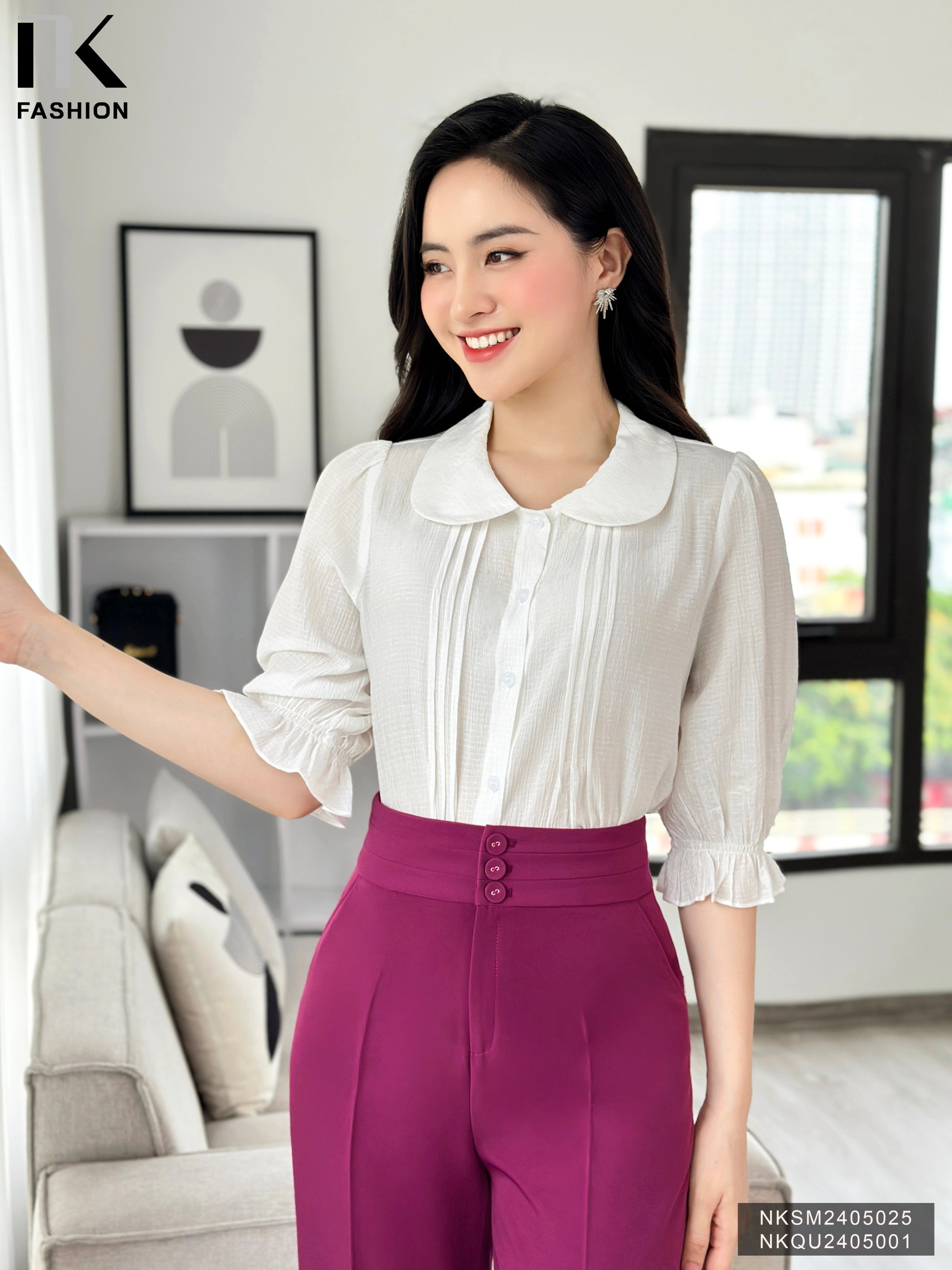 Sơ Mi Cổ Sen Bấu Mí Chun Tay NK Fashion Công Sở Nữ Thanh Lịch, Nữ Tính NKSM2405025