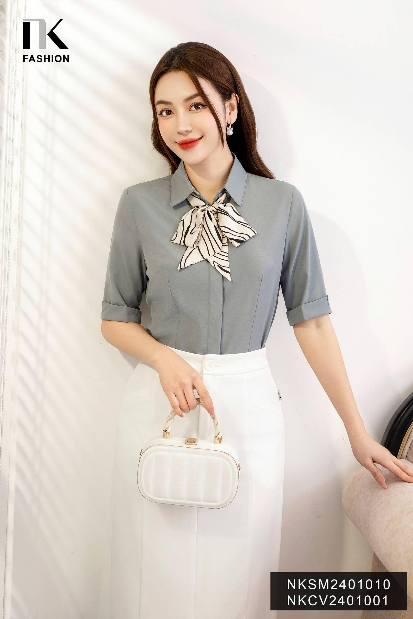 Áo Sơ Mi Cổ Đức Tay Lỡ Lơ Vê Xẻ, Thanh Lịch NKSM2401010