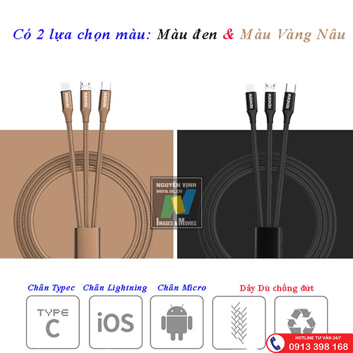 Cáp sạc điện thoại 3 trong 1 Sendem M10