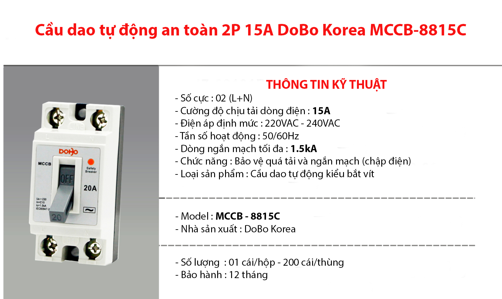 Cầu dao tự động an toàn 15A MCCB 2P 15A 1.5kA DoBo MCCB-8815C