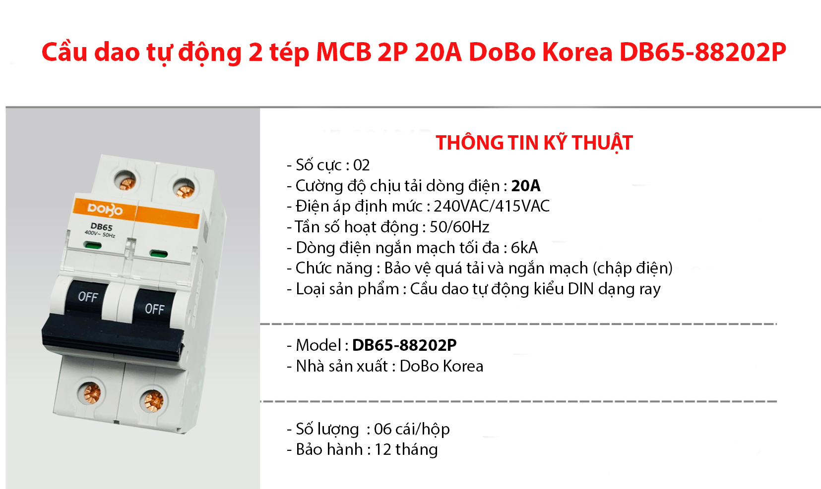 Cầu dao tự động 2 tép MCB 2P 20A 6kA DoBo Hàn Quốc DB65-88202P