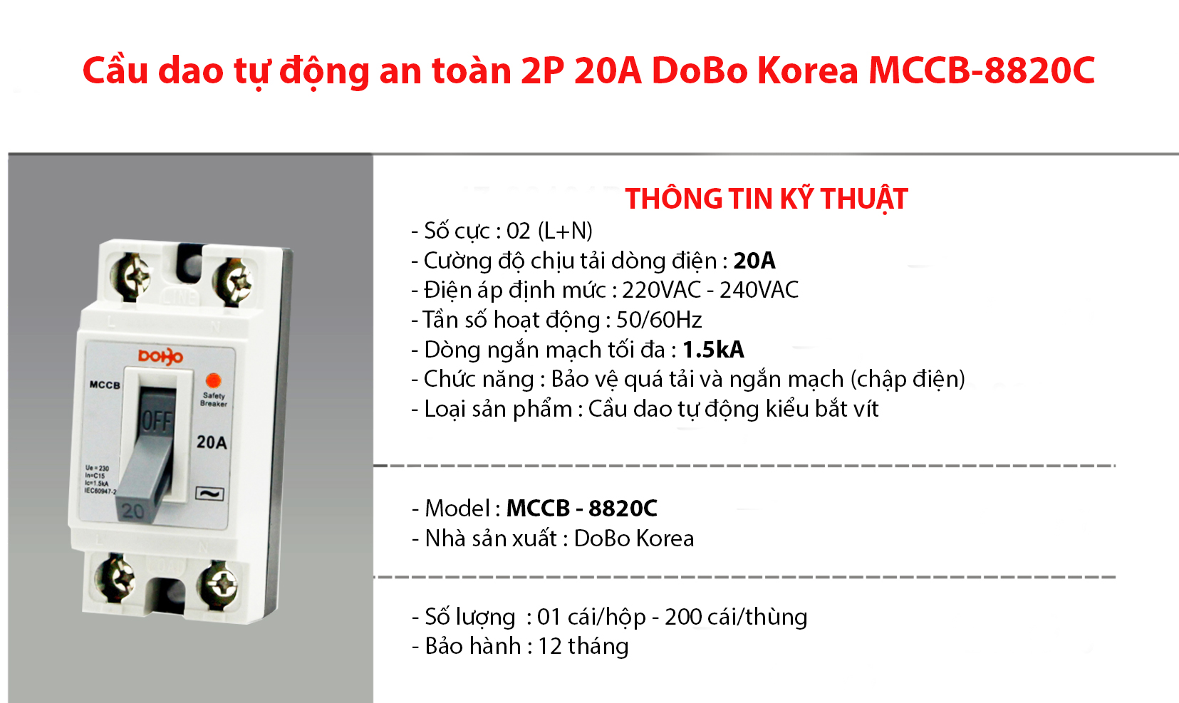 Cầu dao tự động an toàn 20A MCCB 2P 1.5kA DoBo MCCB-8820C