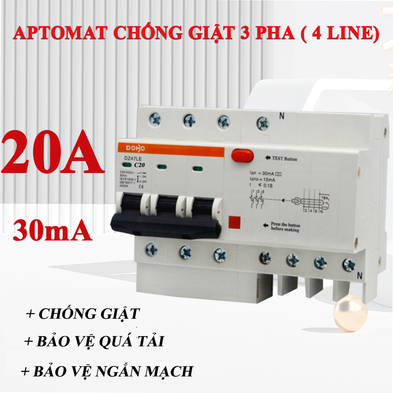Cầu dao chống giật 3 PHA 20A (Aptomat chống dòng rò) DoBo 4.5kA 30mA DZ47LE-88203P