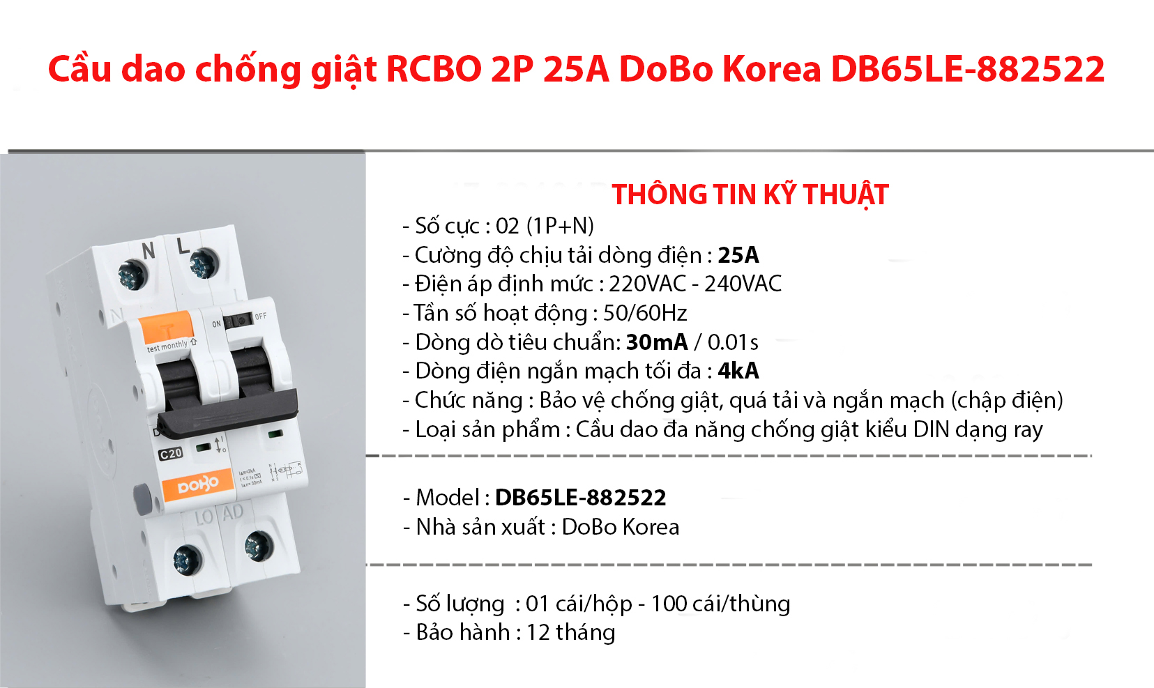 Cầu dao chống giật RCBO 25A (Aptomat chống dòng rò) DoBo 4kA 30mA DB65LE - 882522