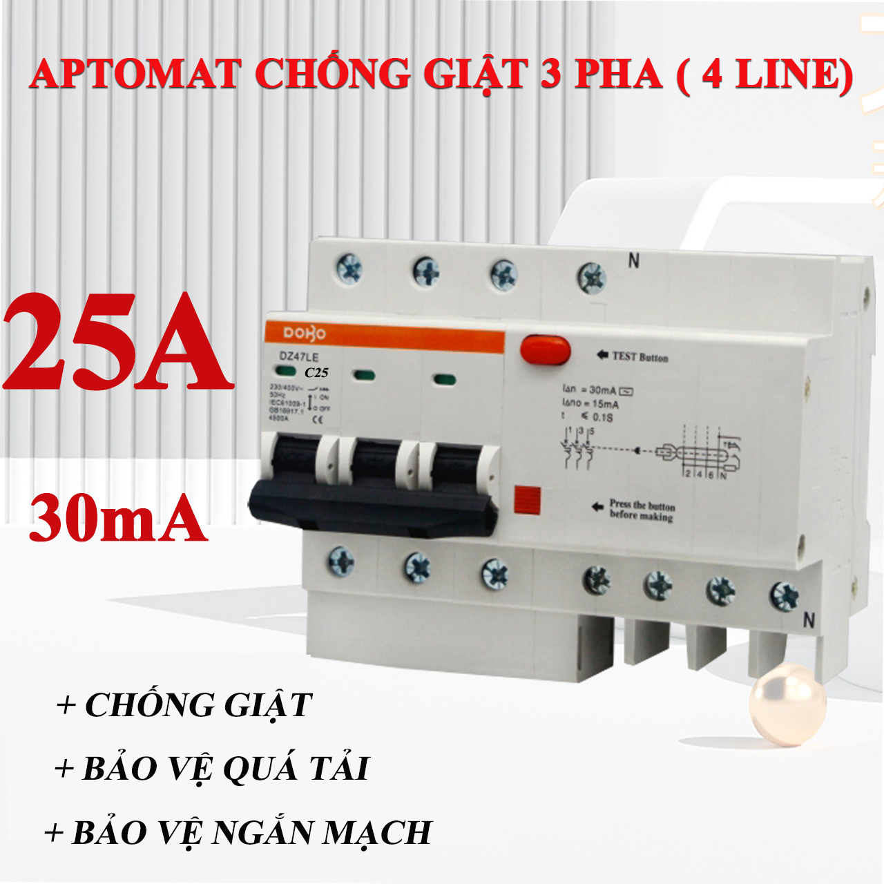Cầu dao chống giật 3 PHA 25A (Aptomat chống dòng rò) DoBo 4.5kA 30mA DZ47LE-88253P