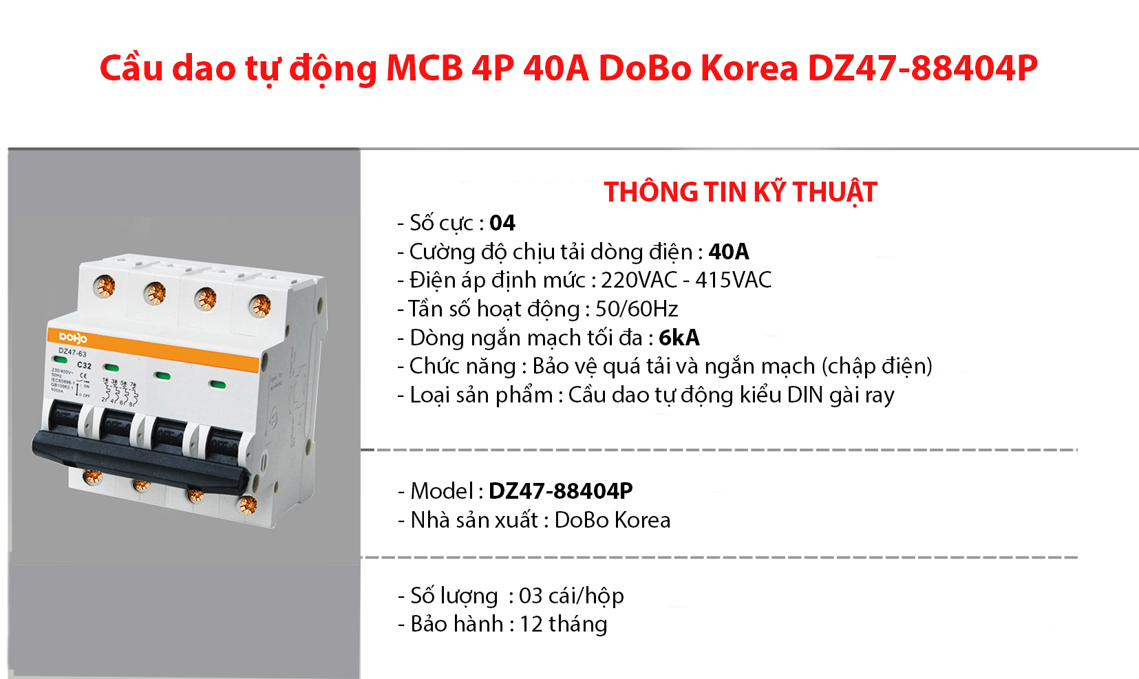 Cầu dao tự động 4 tép MCB 4P 40A 6kA DoBo DZ47-88404P