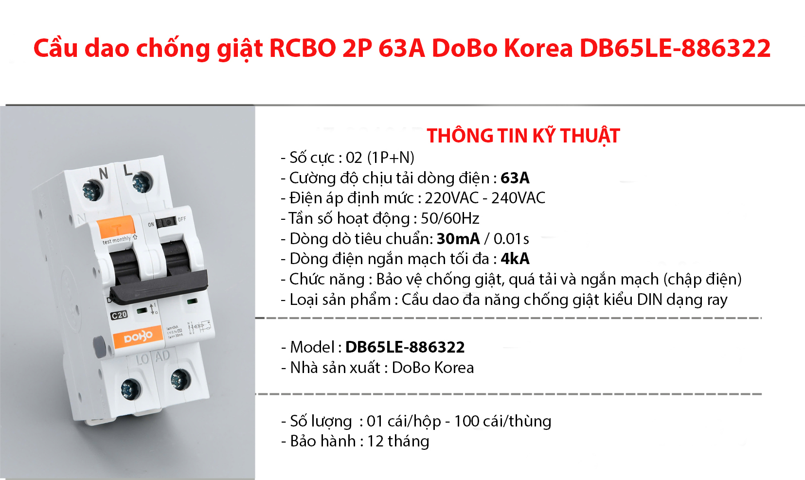 Cầu dao chống giật RCBO 63A (Aptomat chống dòng rò) DoBo 4kA 30mA DB65LE-886322