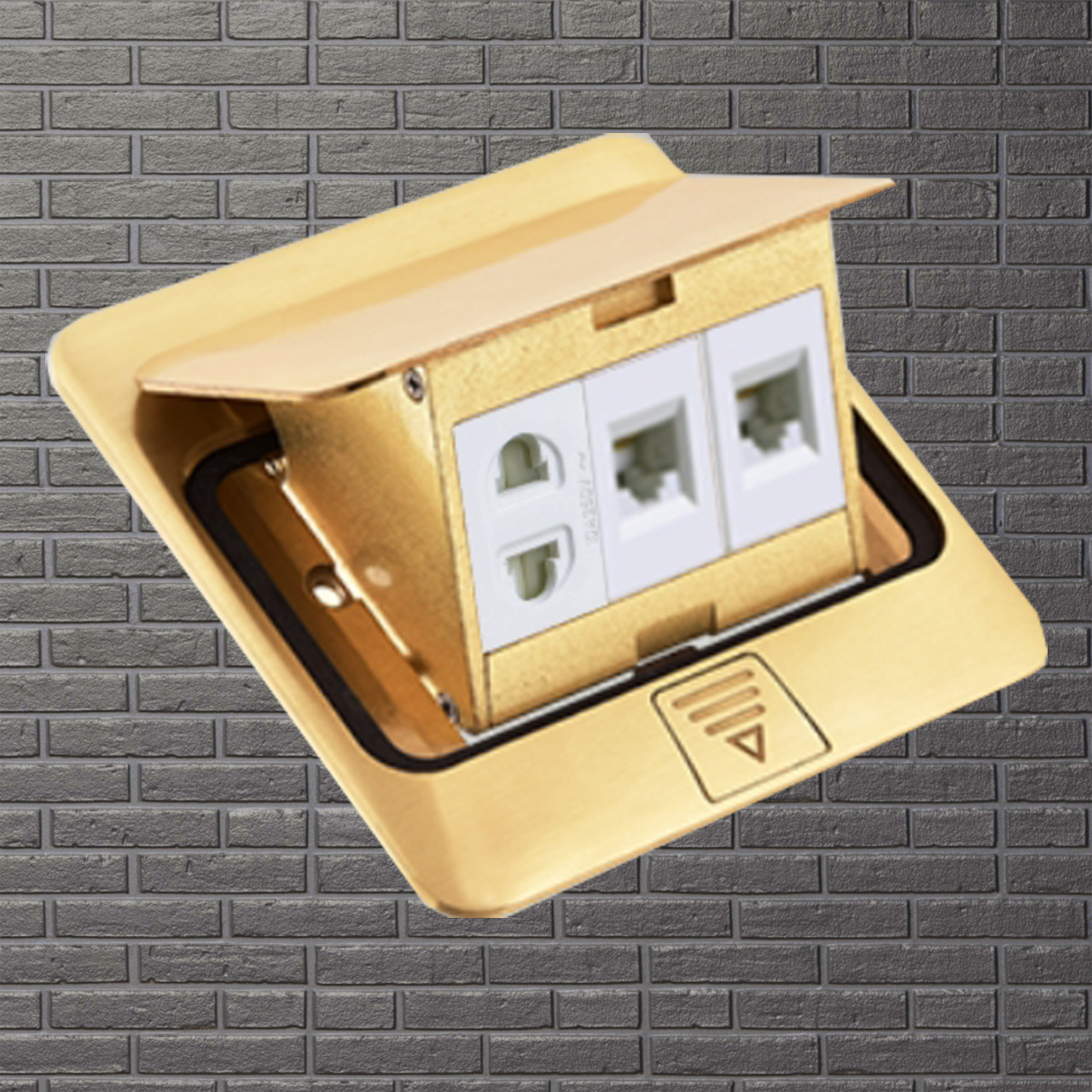 Bộ ổ cắm âm sàn gồm hạt mạng + hạt điện thoại+ ổ cắm 2 chấu DoBo F88-888805S (Màu Vàng Gold có kháng nước)