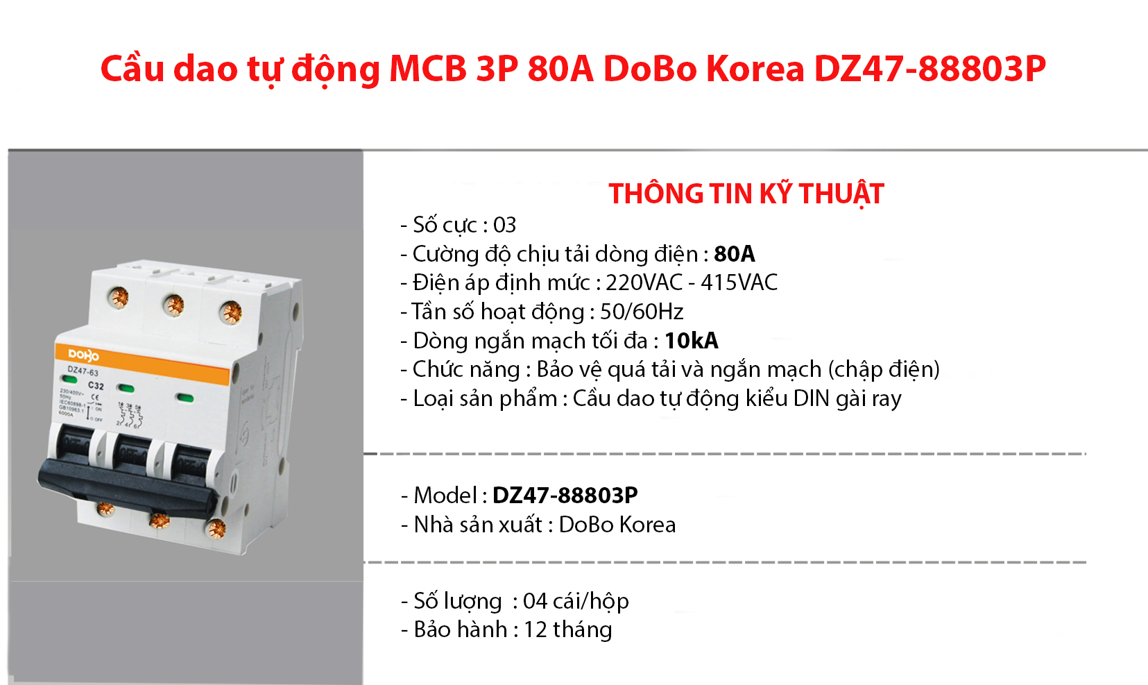 Cầu dao tự động 3 tép MCB 3P 80A 10kA DoBo DB65-88803P
