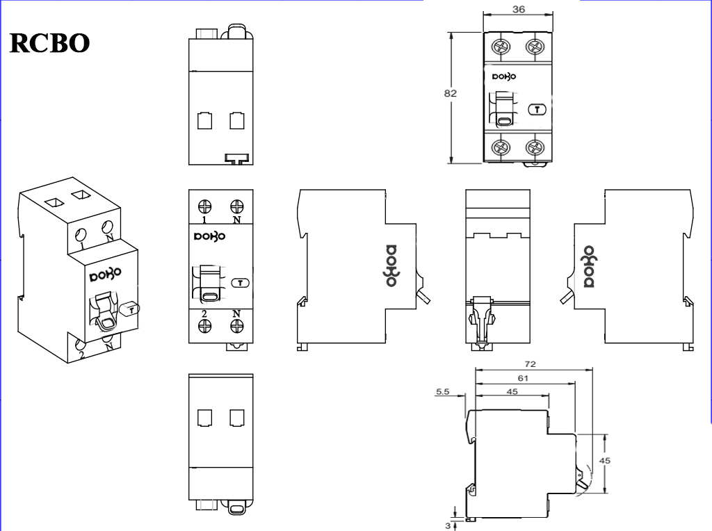 Cầu dao chống giật RCBO 32A (Aptomat chống dòng rò) DoBo 4kA 30mA DB65LE - 883222