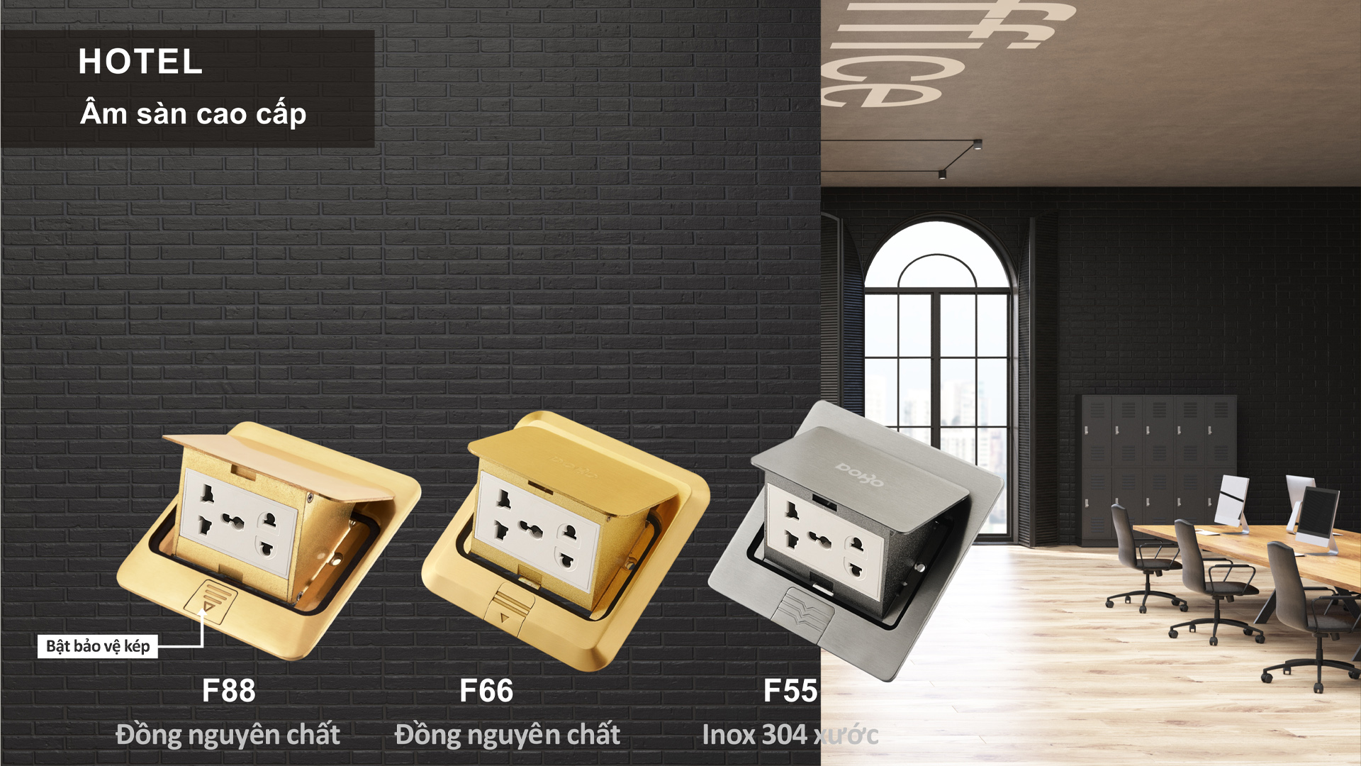 Bộ ổ cắm âm sàn gồm hạt mạng + hạt điện thoại+ ổ cắm 2 chấu  DoBo F55-885505S  (Inox 304 kháng nước)