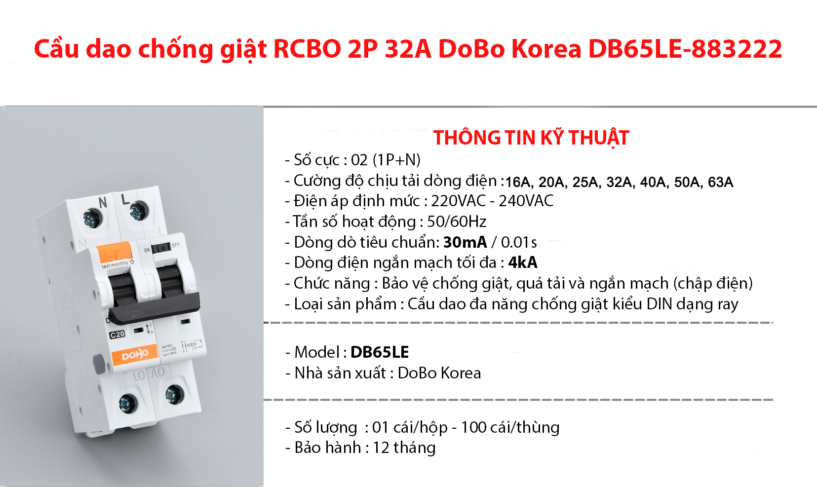 Cầu dao chống giật RCBO 32A (Aptomat chống dòng rò) DoBo 4kA 30mA DB65LE - 883222