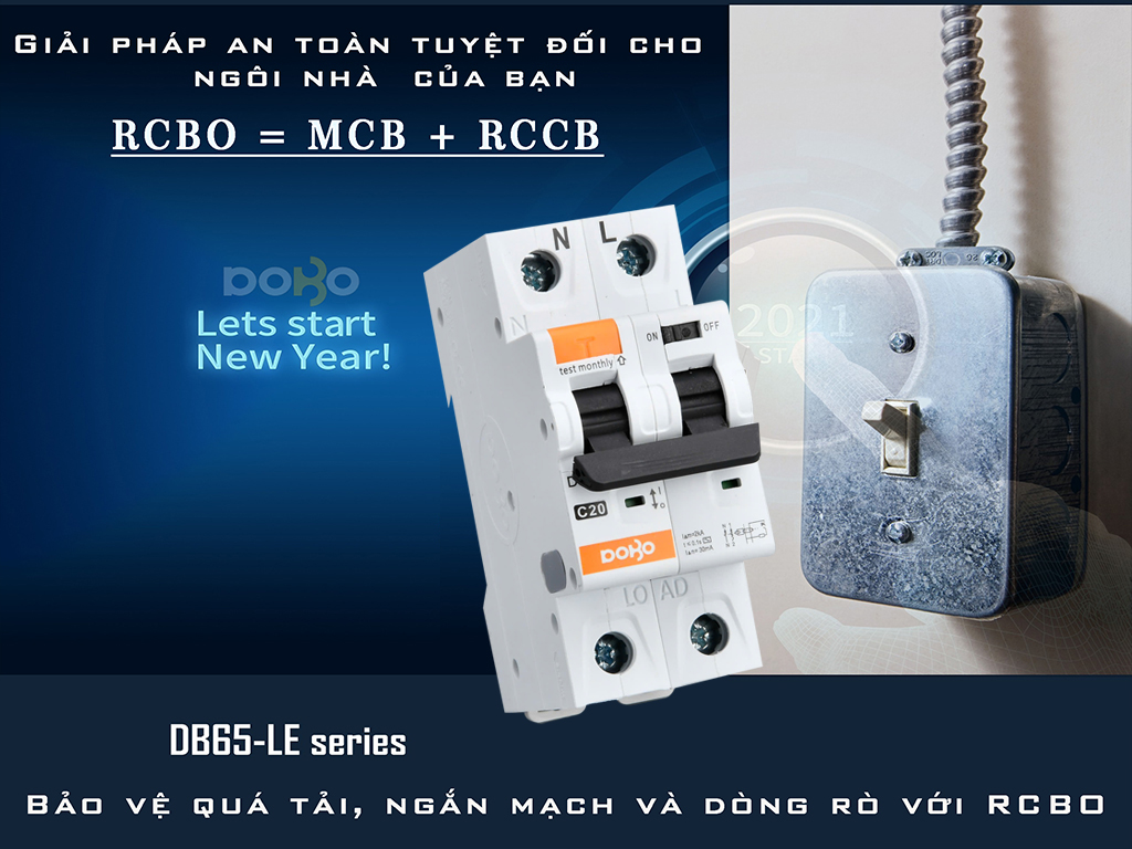 Cầu dao chống giật RCBO 40A (Aptomat chống dòng rò) DoBo 4kA 30mA DB65LE-884022
