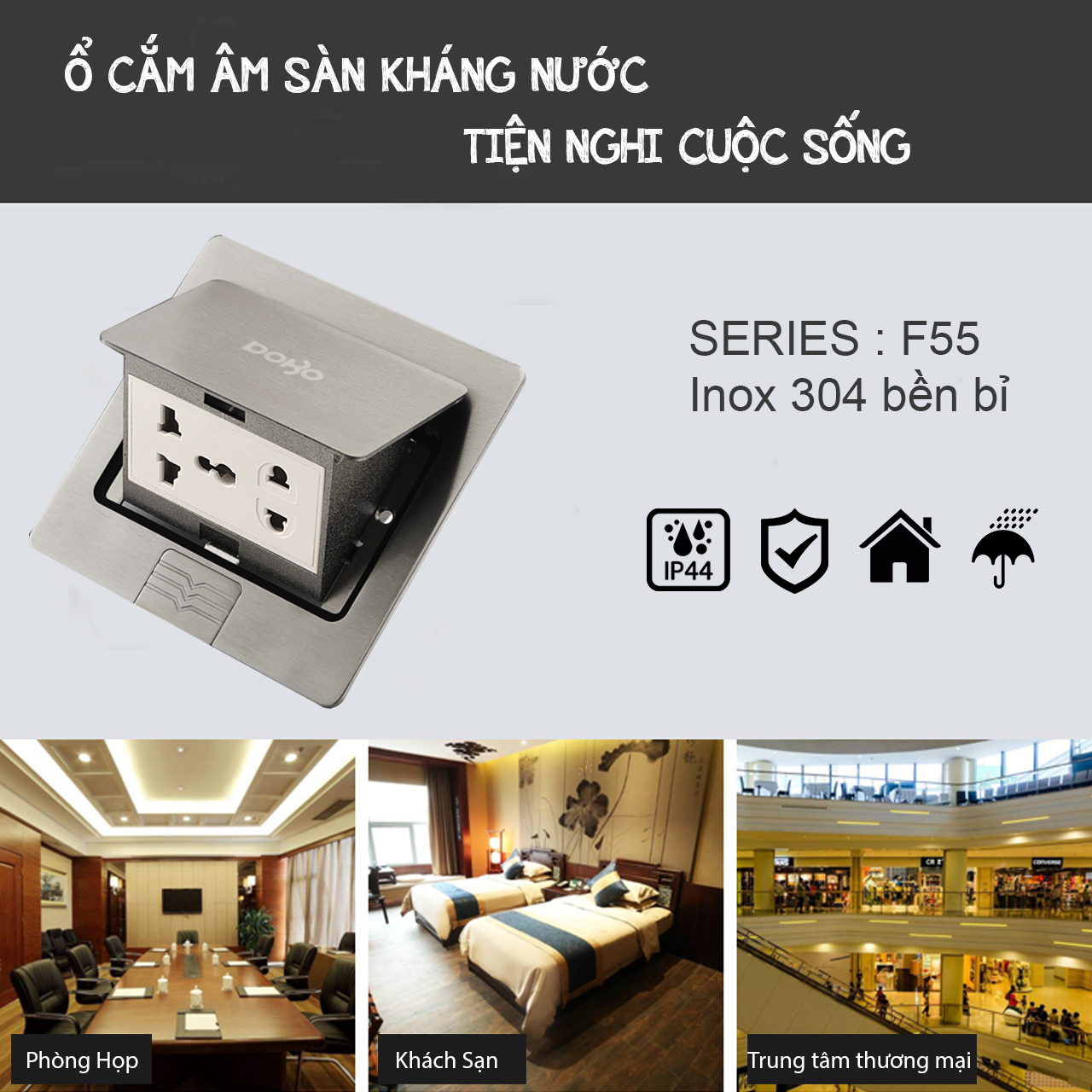 Bộ ổ cắm âm sàn gồm hạt mạng + hạt điện thoại+ ổ cắm 2 chấu  DoBo F55-885505S  (Inox 304 kháng nước)
