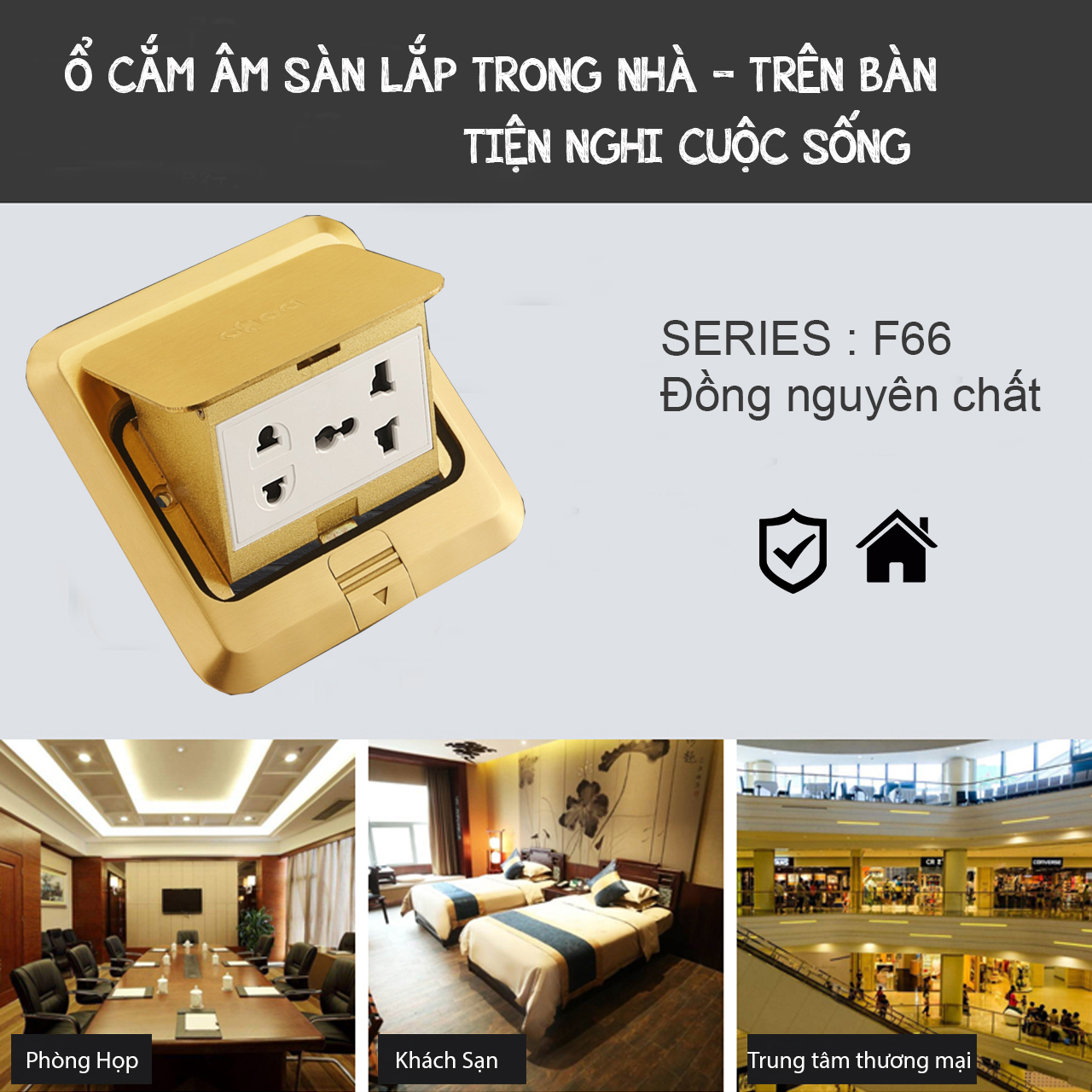 Bộ ổ cắm âm sàn đôi 5 chấu DoBo Korea F66-886607S  ( Màu Vàng Gold )