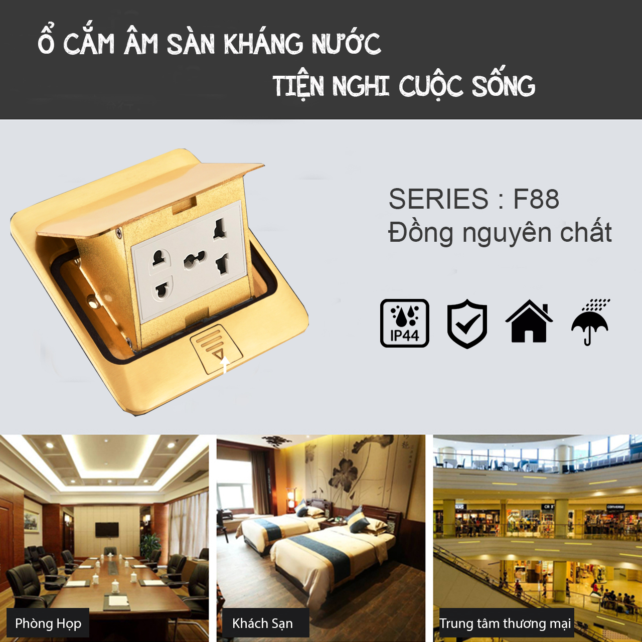 Bộ ổ cắm âm sàn gồm hạt mạng + hạt điện thoại+ ổ cắm 2 chấu DoBo F88-888805S (Màu Vàng Gold có kháng nước)