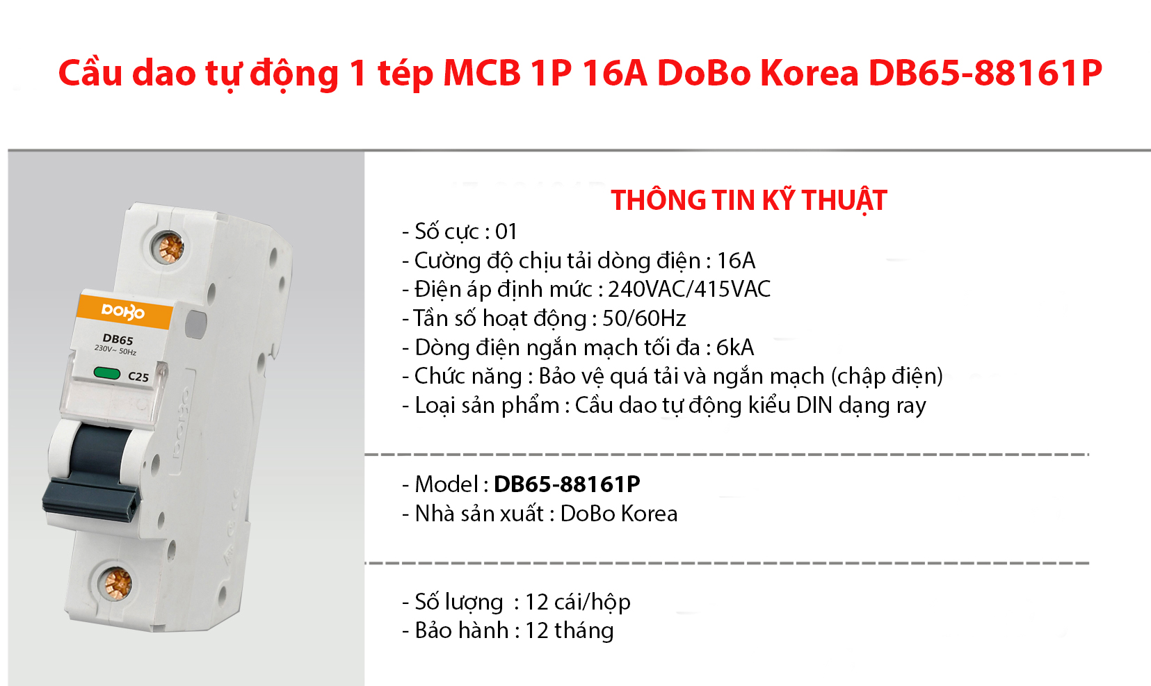 Cầu dao tự động 1 tép MCB 1P 16A 6kA DoBo DB65-88161P