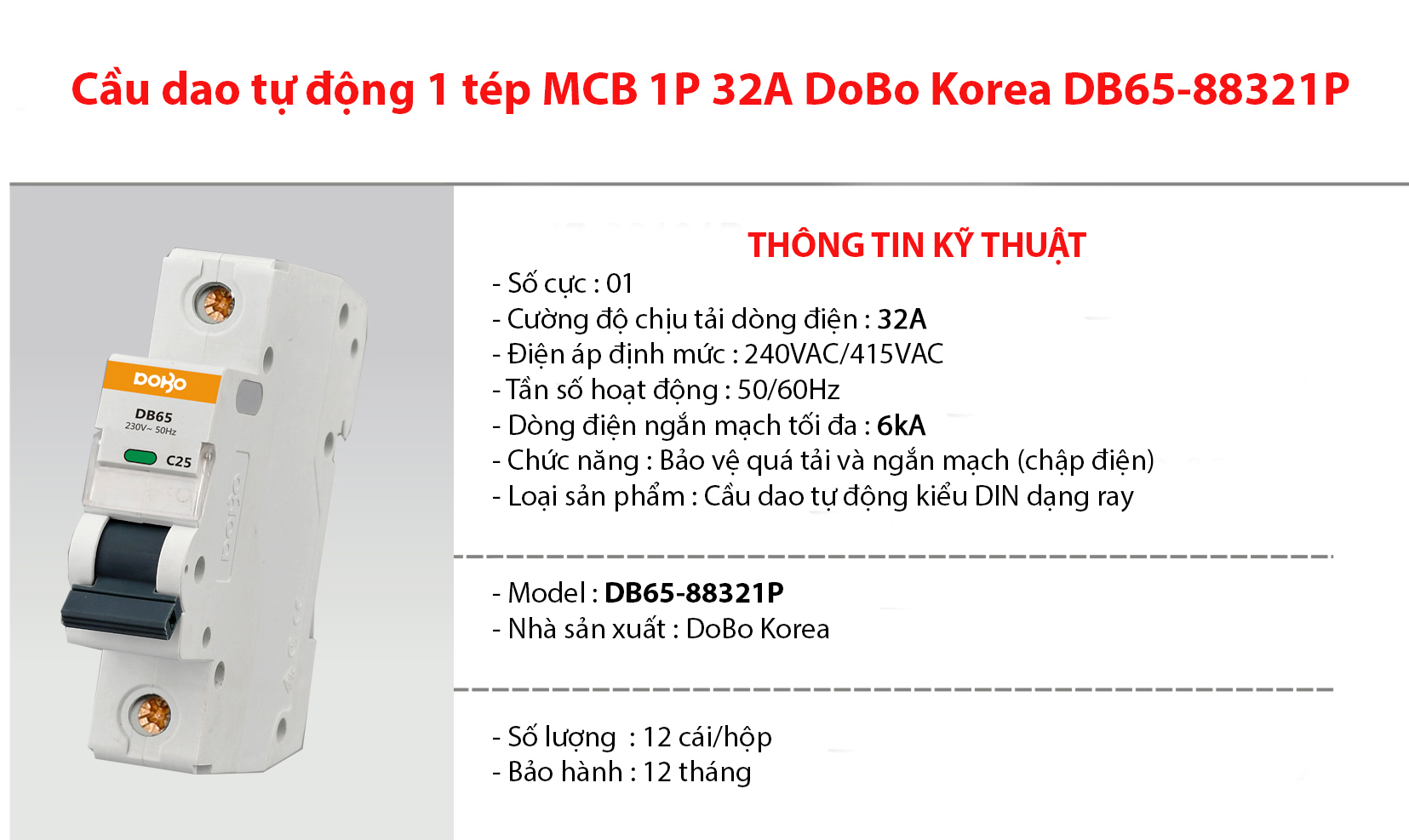 Cầu dao tự động 1 tép MCB 1P 32A 6kA DoBo Hàn Quốc DB65-88321P
