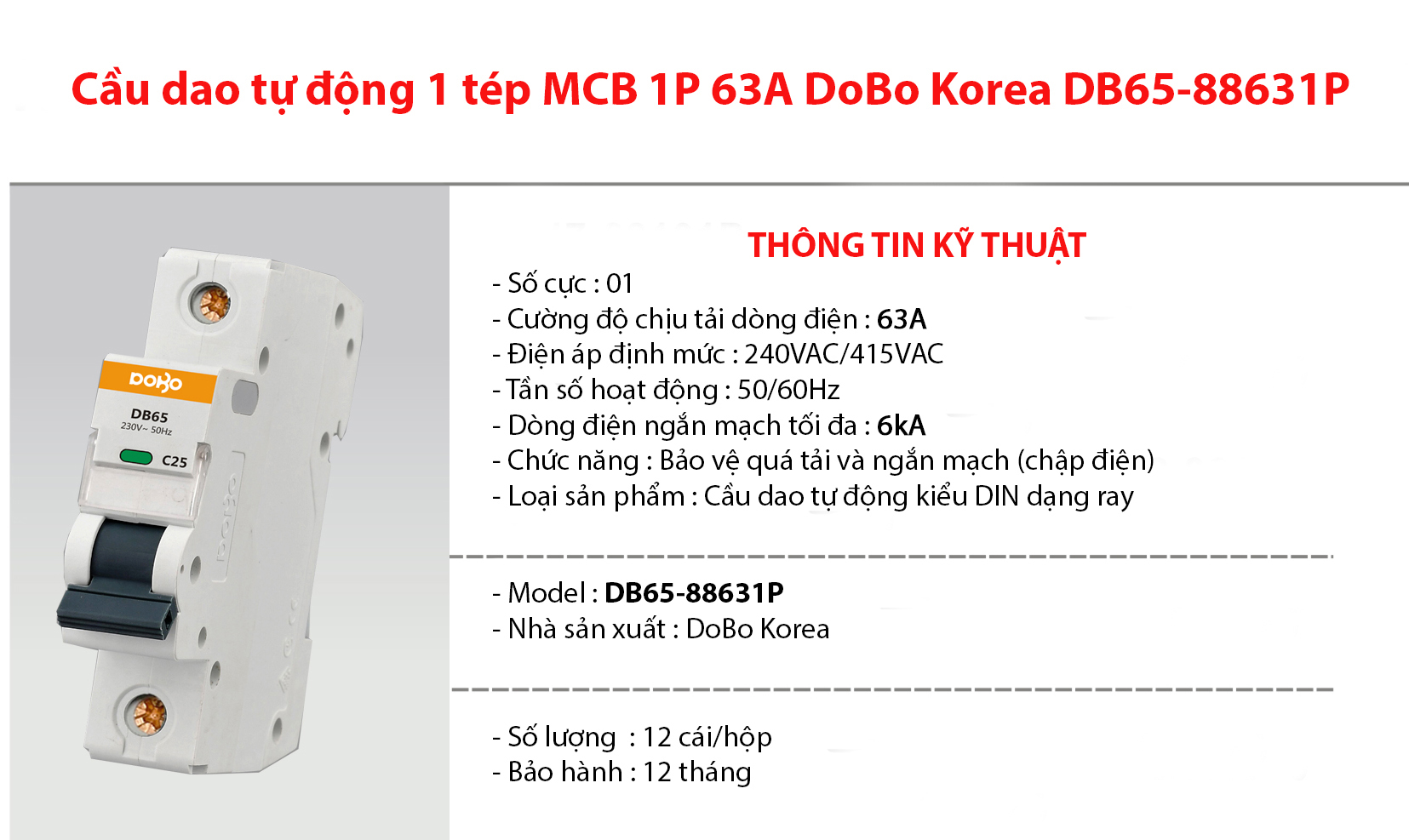 Cầu dao tự động 1 tép MCB 1P 63A 6kA DoBo Hàn Quốc DB65-88631P