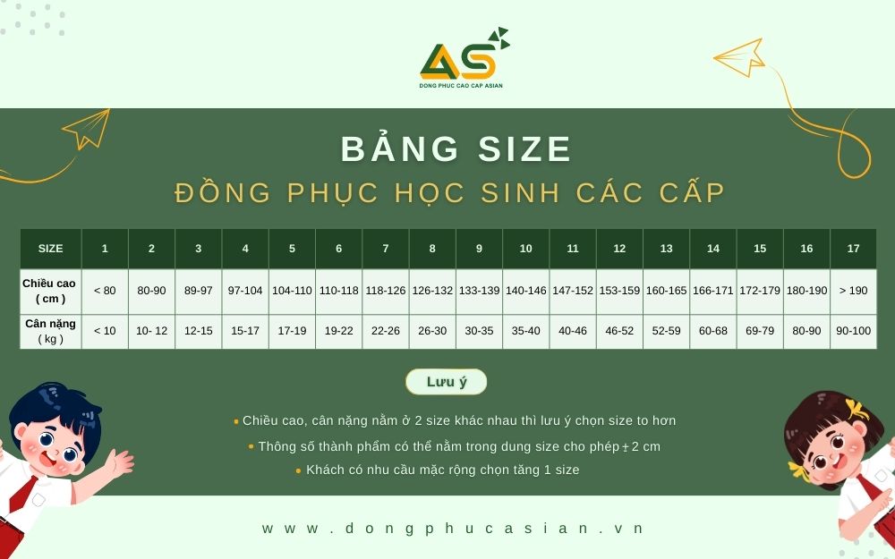 ĐỒNG PHỤC ASIAN - BẢNG CHỌN SIZE HỌC SINH CÁC CẤP (TRA CỨU NHANH)
