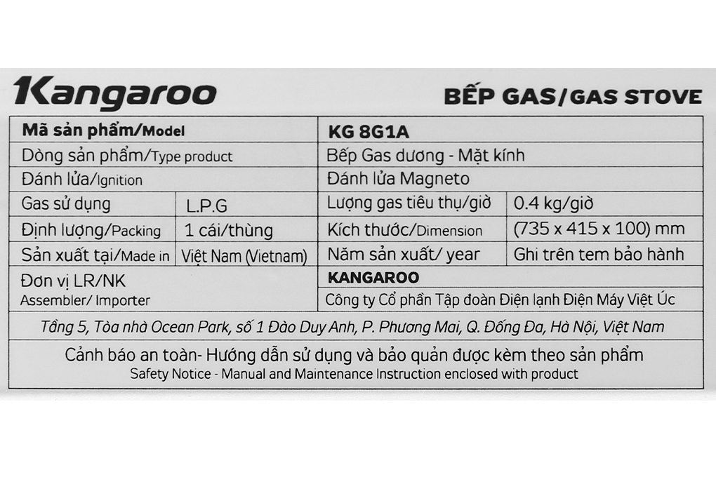 Bếp gas dương Kangaroo KG8G1A