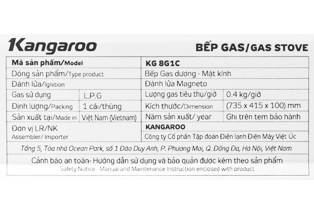 Bếp gas dương Kangaroo KG8G1C