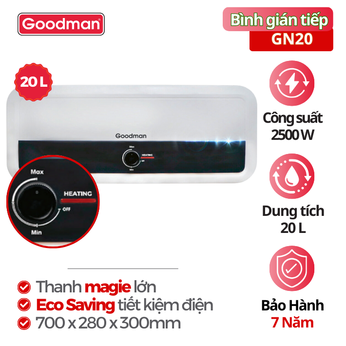 Bình tắm nước nóng Goodman GN20, 20 lít, 2500W