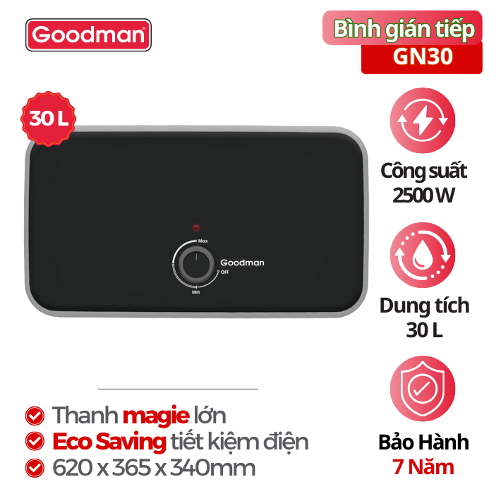 Bình tắm nước nóng Goodman GN30, 30 lít, 2500W