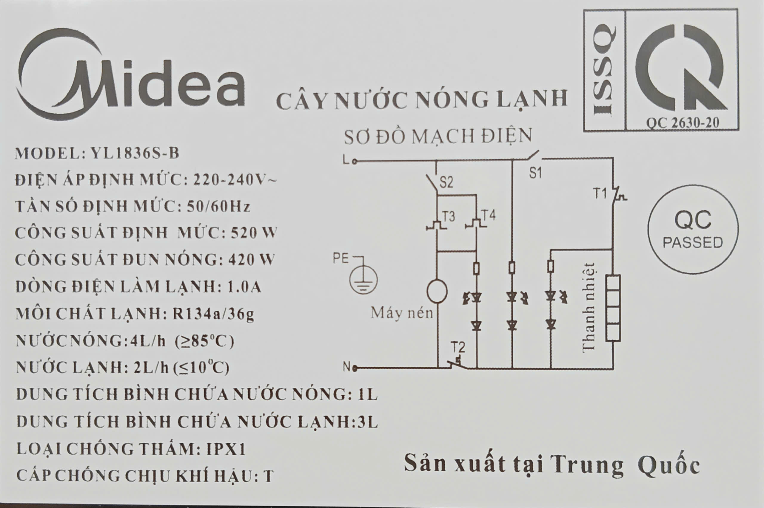 Cây nước nóng lạnh Midea YL1836S-B 520W, 3 vòi