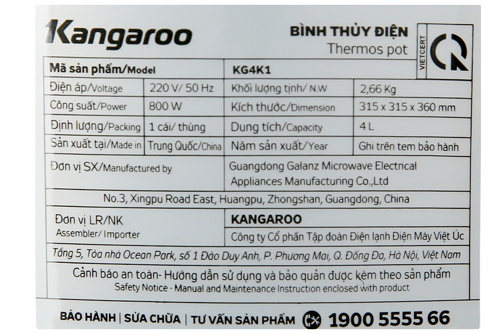 Bình thủy điện Kangaroo KG4K1