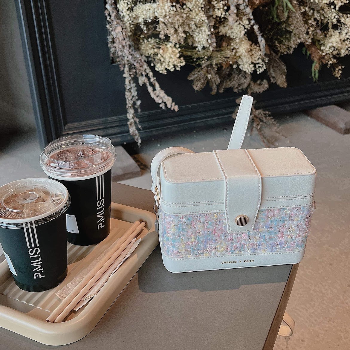 Túi Charles & Keith Bronte Tweed Boxy Crossbody Bag - Light Pink [ CK2-80701182 ]