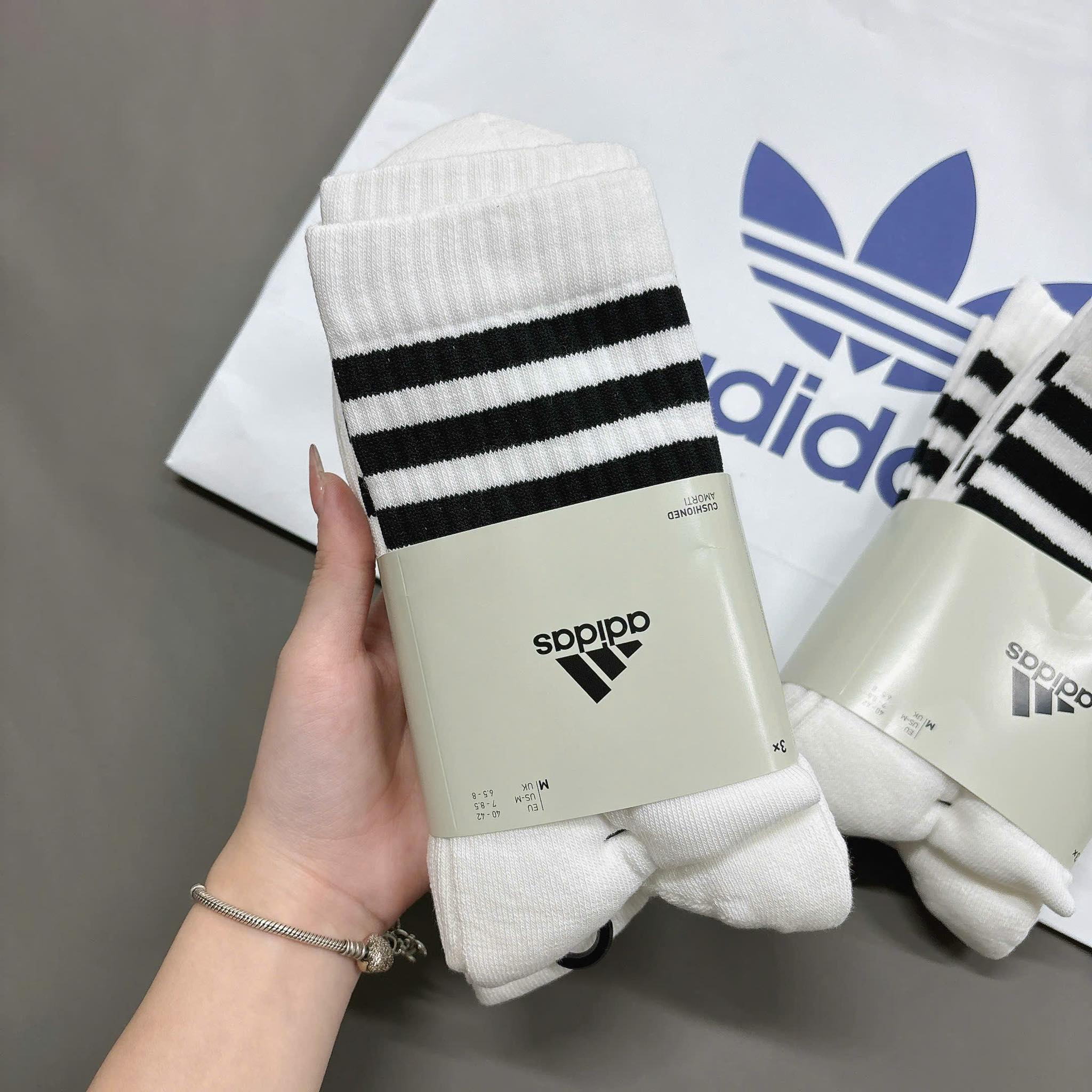 Set Tất Adidas 3-Stripes Cushioned Crew Socks 3 Pairs White [ HT3458 ]