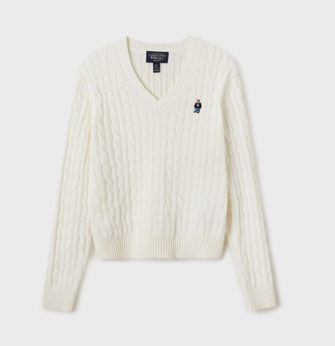 Áo Whoau Steve V-neck Cable Sweater Ivory [ WHKAF1104F ]