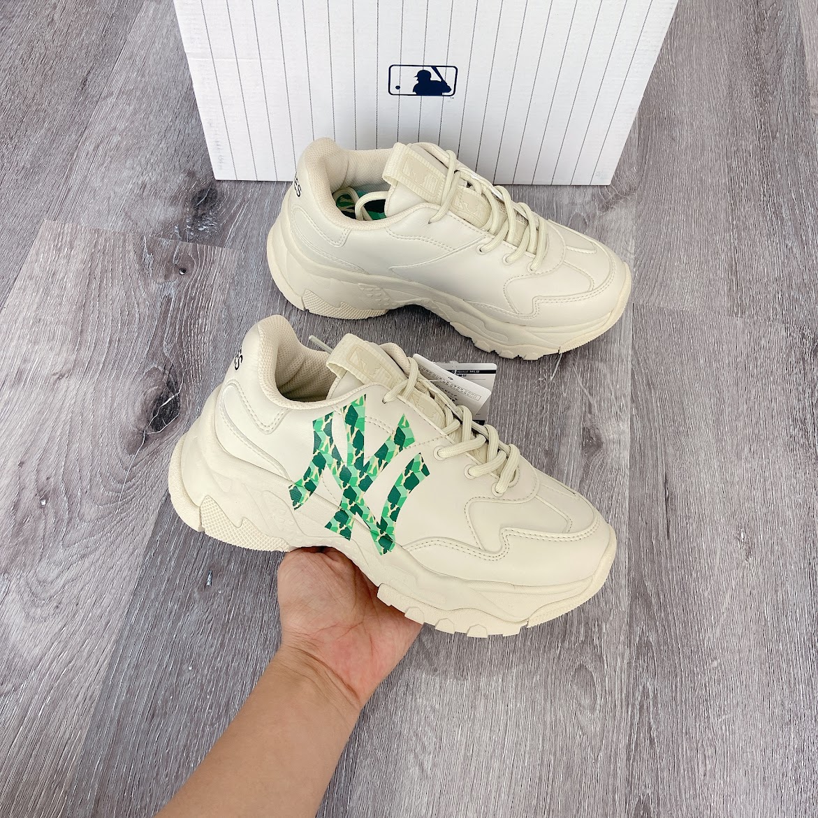 Giày MLB Big Ball Chunky NY Camo Logo Green Logo [3ASHCGM2N-50IVS]