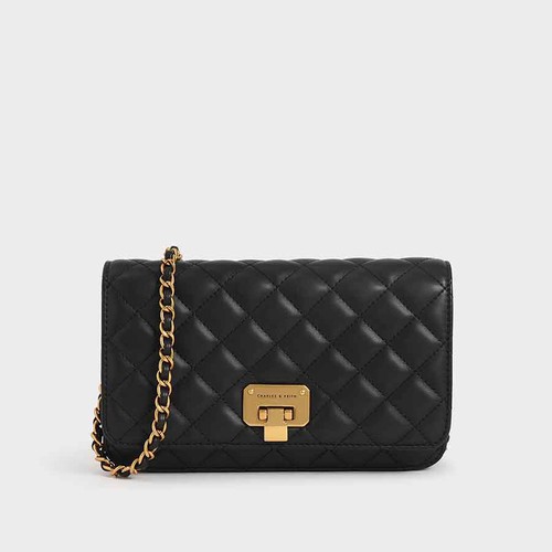 Túi Đeo Vai Charles & Keith Quilted Flip-Lock Clutch Màu Đen [ CK2-70160082-2 ]
