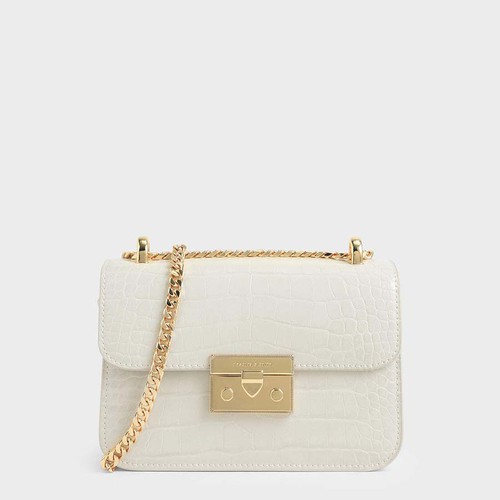 Túi Đeo Vai Charles & Keith Croc-Effect Boxy Chain Strap Bag Màu Trắng [ CK2-80700998-4 ]